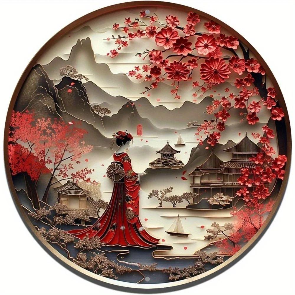 Metal Wall Art Tin Sign Japanese Kimono Round 2D Art Design 20cm