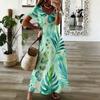 Women Plus Size V Neck Short Sleeve Green Blue Printed Straight Long Dress