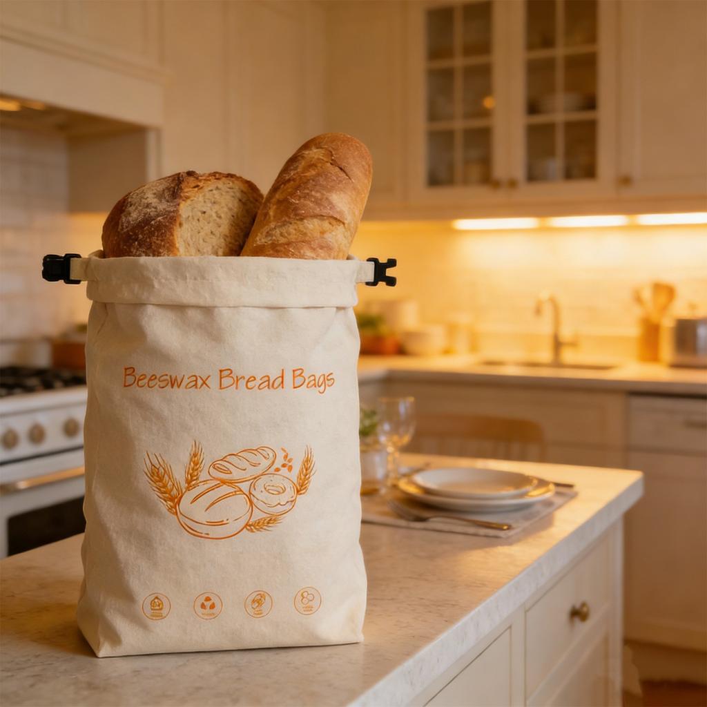 Organic Cotton Bees Wax Food Storage Bag with Elastic Bands and Carabiner Sustainable Kitchen Essential For Bread Cheese