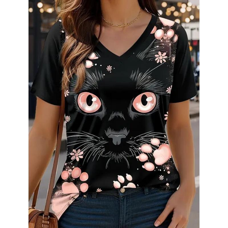 Summer Fashion Trend Casual Animal Cat Pattern Printed Short Sleeved V-neck Women's T-shirts