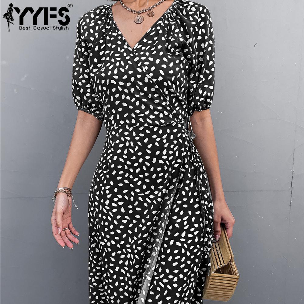 YYFS Damenmode Sommer Frühling Blumenmuster Druck Kurzarm V-Ausschnitt Hohe Taille Freizeitkleider