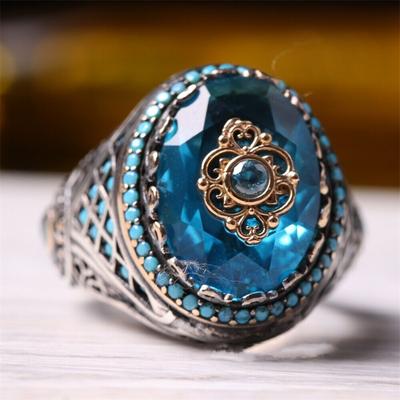 New Inlaid Turquoise Men's Luxury Ring Personality Retro Personality Aquamarine Ring To Attend The Banquet Party Fashion