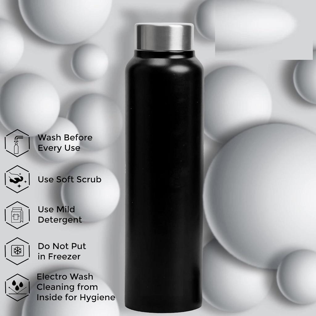 Stainless Steel Water Bottle 1 Ltr For Kids, Boys, Girls, 1 Litre Bottles for Gym, Sports, Fridge Use, School & Office (Steel Cap - Set of 1, Black)