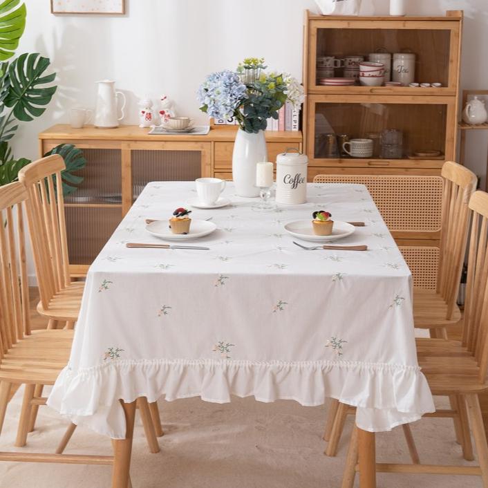 Home Dining Table Cloth Light Luxury All Cotton Apricot Embroidered Flower Skirt Pleated Lotus Leaf Tea Table Tablecloth