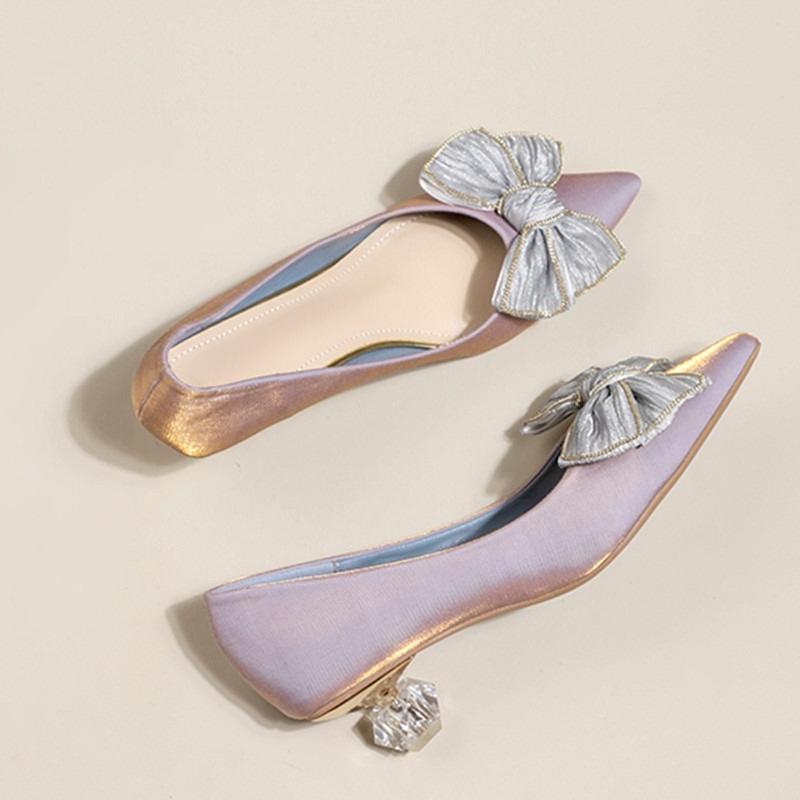 

Fashion Small Square Heel Shoes Women s Fashion Pointy Shallow Mouth End Face Butterfly Knot Set Foot Non-slip Low-top Shoes 40 лавандовый