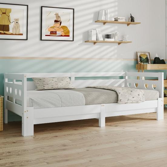 Daybed, Pull-Out Bed, 90 x 200cm, Solid Pine, with Second Sleeping Space And Roll-Up Slatted Frame, Heart-Shaped Bed,