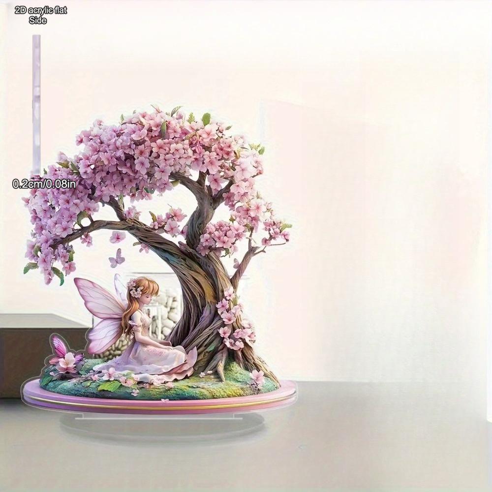 Wróżka Kwitnącej Wiśni Dekoracja Biurkowa - Elegancka Różowa Wróżka na Gałęzi Pełnej Kwiatów Wiśni, Odpowiednia na Wielkanoc, St. Dzień Świętego Patryka, Walentynki