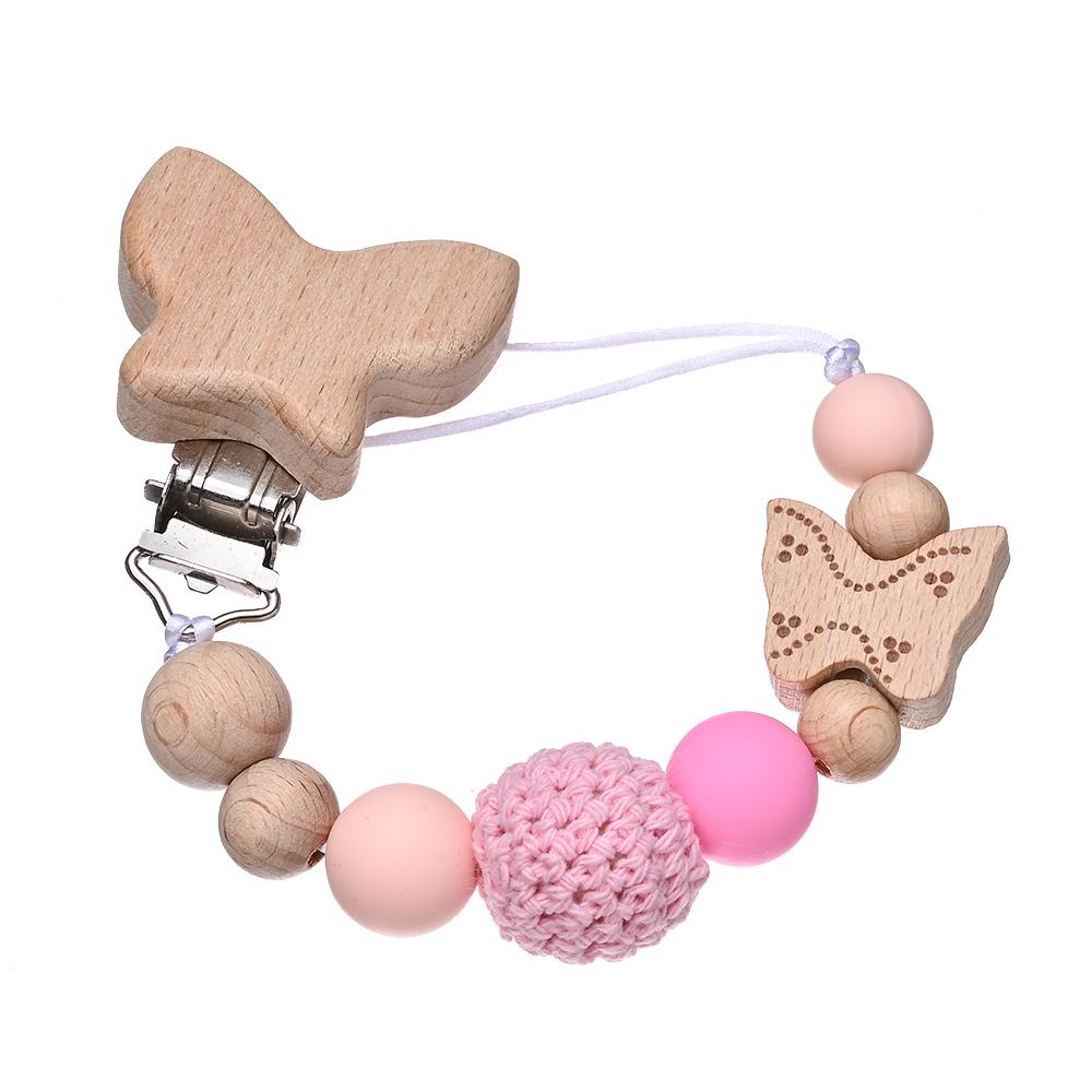 2Pcs Cartoon Animal Butterfly Beech Wooden Pacifier Baby Pacifier Clip Nipple Holder Dummy Holder Pacifier Clip for Baby Toys