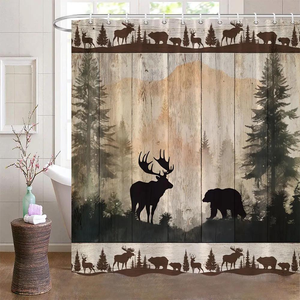 Bear Shower Curtains for Bathroom Wild Animals Rustic Cabin Forest Bear Print Wooden Board Cloth Bath Curtain Set Bathroom Decor
