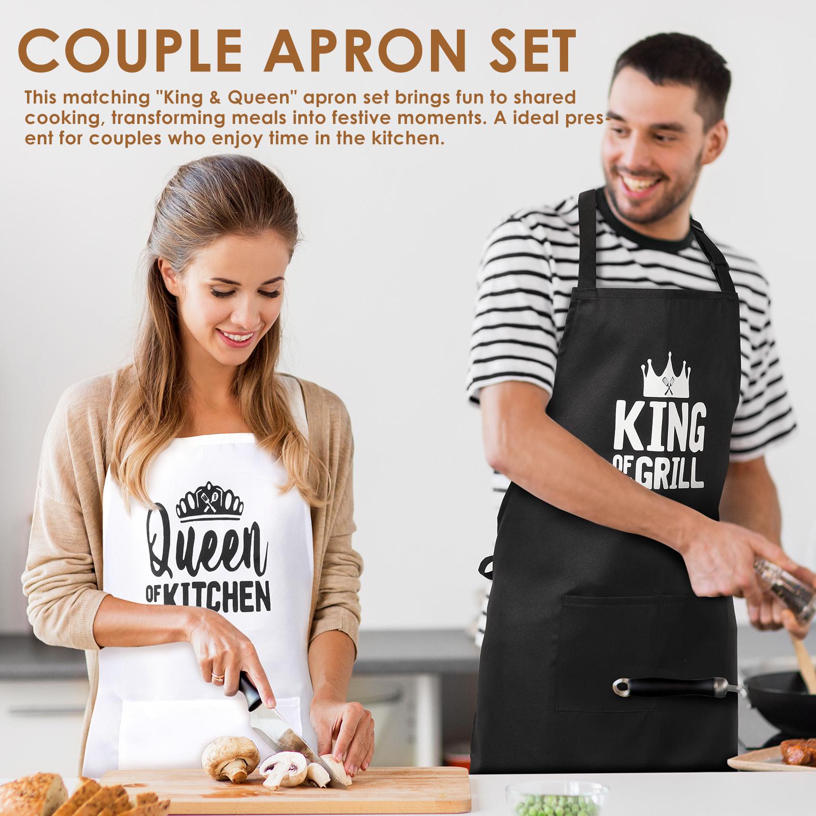 2Pcs Kitchen Apron Polyester King and Queen Cooking Apron Set with Adjustable Tie and Front Pocket Matching Couple Aprons