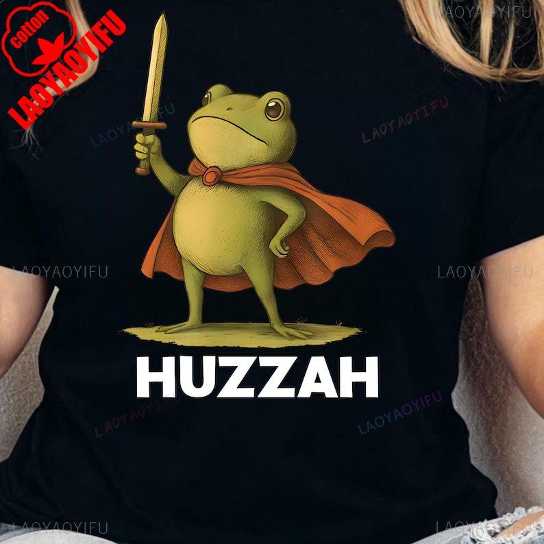 Women Shirts Popular Huzzah Frog with Sword Embroidered Medieval Funny Renaissance Faire Gift Casual Loose Tops Tee Shirt Short S