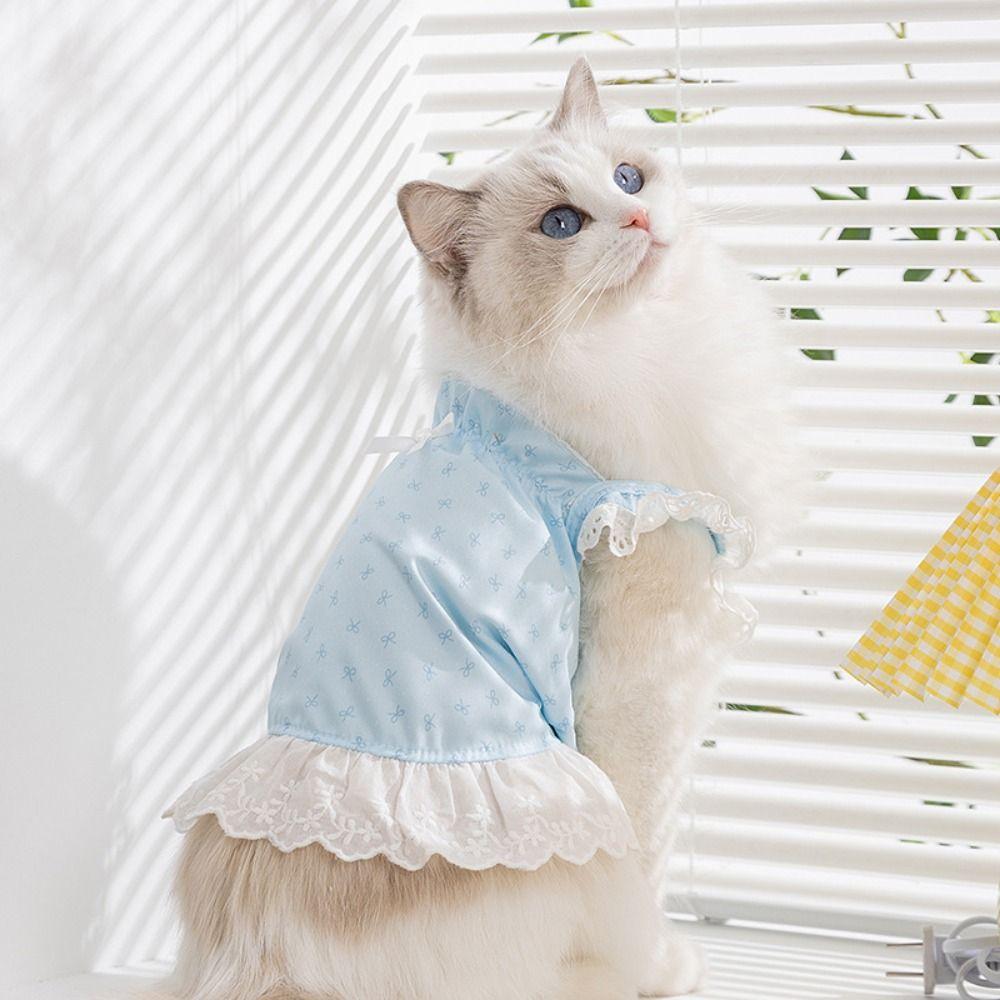 Exquisite Lace Cat Skirt Breathable Dog Princess Dress Simple Bow Print Dog Dress  Pet Supplies