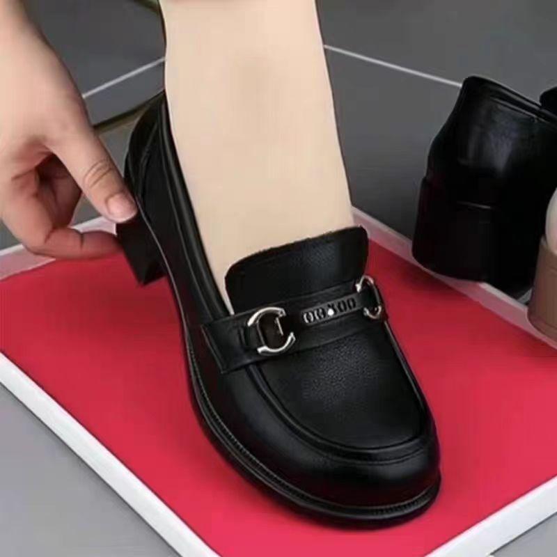Soft Leather Single Shoes Women's Spring and Autumn 2025 New Round Head Thick Heel Medium Heel Women's Shoes Soft Sole Foot British Loafers
