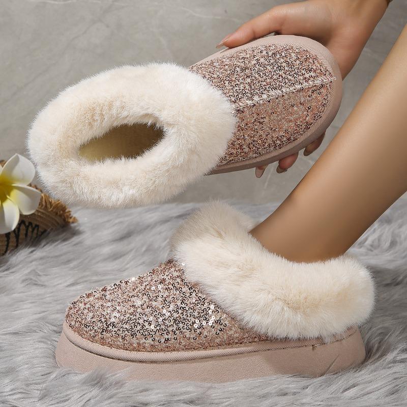 Women's Plus Size New Autumn Winter Chunky Sole Thickened Furry Snow Boots Sequin Upper