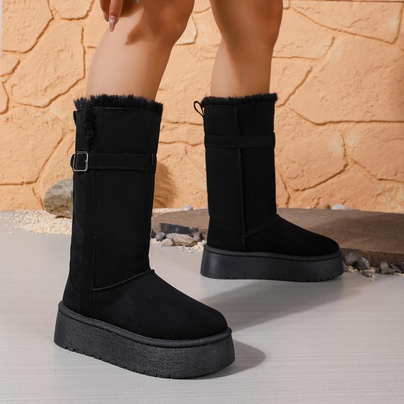 

Winter Thick-Soled Snow Boots Round Toe Belt Buckle Sleeve Flat Sole Thickened Cashmere High Boots Large Size Women s Boots36-41 41