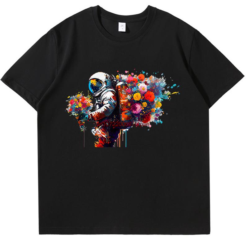 Astronaut Bouquet Flowers Burst Oil Painting Fashion Print T Shirt Summer Cotton Short Sleeve Tshirts Unisex Oneck T Shirt