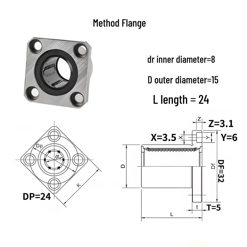 LM8UU Series 8mm ID Linear Bearing, LMK8UU Flange, Wear-Resistant, Smooth.