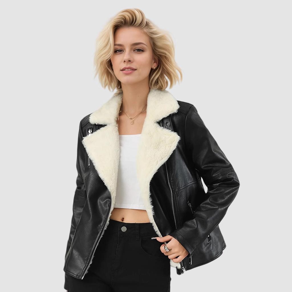 Winter Women's Fleece Jacket Thick Warm PU Leather Jacket Slim Turn Down Collar Flocked Leather Coat