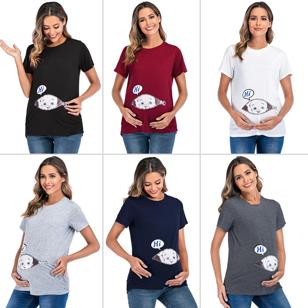 European & American Style Maternity Printed T-Shirt (Round Neck, Short Sleeve)