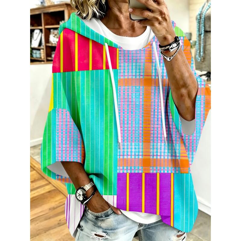 Plus Size Women'S Hooded Top, Multi-Color Plaid Striped Patchwork Loose Off-Shoulder Sleeve Hoodie