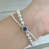 S925 Silver Sea Blue Pearl Bracelet for Women, Elegant Double Layer Beaded Bangle
