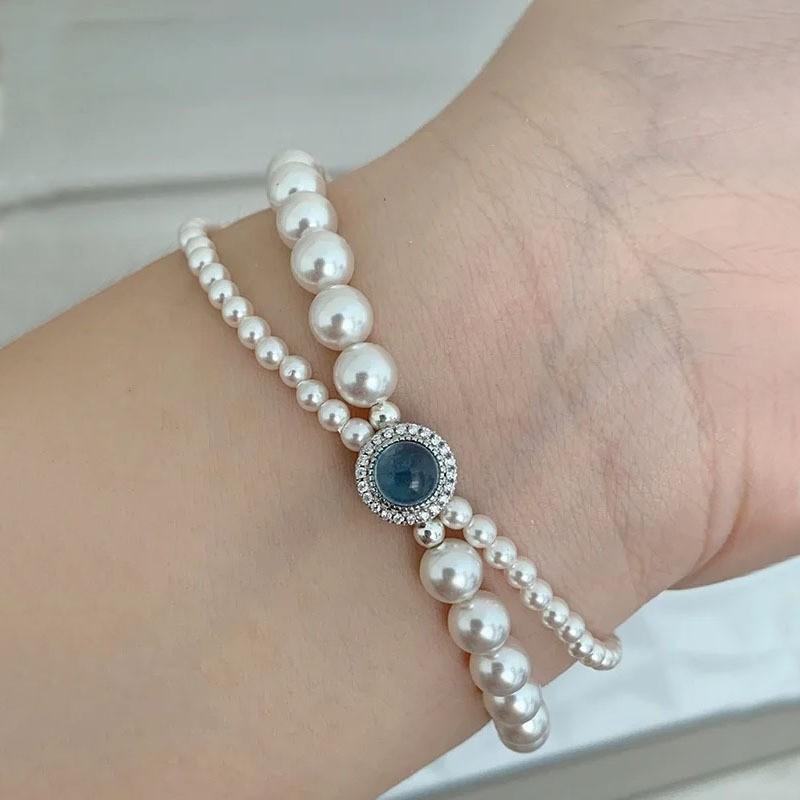 S925 Silver Sea Blue Pearl Bracelet for Women, Elegant Double Layer Beaded Bangle