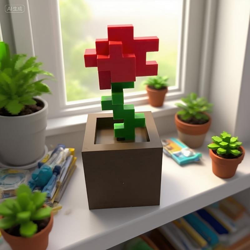 Pixel Rose Flower Decoration Unique 3D Printed Flower Plastic Flower Nightstands Desktops Office Desk Decor Furniture Decorations No Power Required