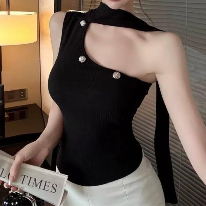 Women's Knitted Halter Tank Top Summer Slim-Fit Layering Top with Stylish Design Short-Sleeve Outerwear