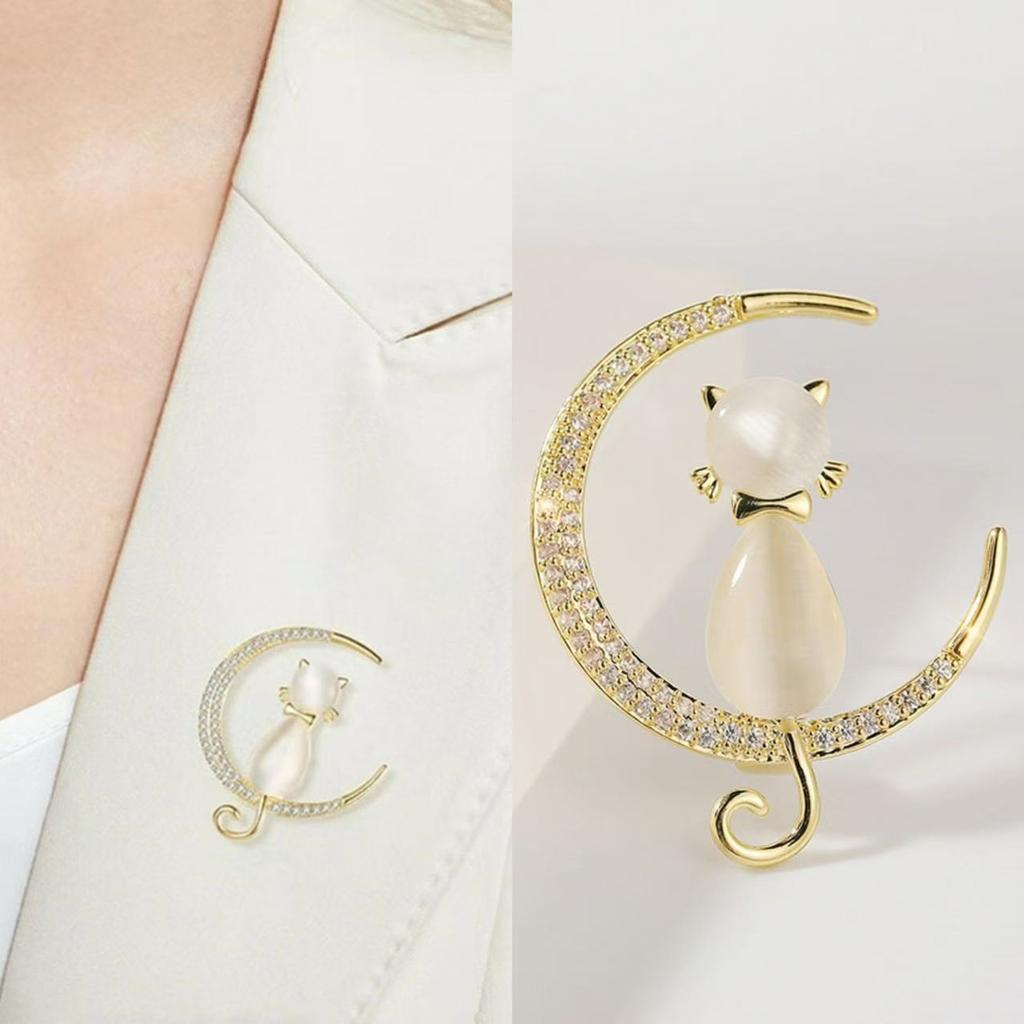 Cat Shaped Brooch with Zircon and Opal Stone Elegant Design Fashion Lapel Pin for Clothing Accessories Suit Decoration