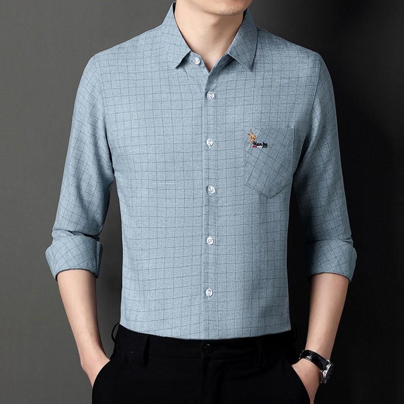 

Весенняя новая рубашка для мужчин среднего возраста с квадратным воротником, повседневная клетчатая рубашка с тонким карманом, свободная дышащая рубашка 4XL синий