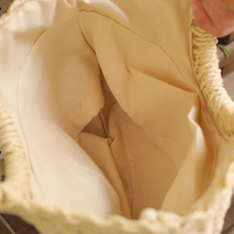 Women Cute Ribbon Straw Bags Summer Handmade Half Moon Beach Wild Totes Handbags