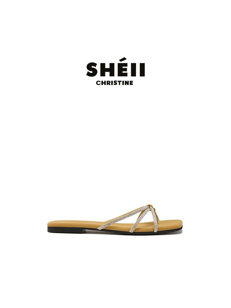 

[Blue Cabinet] Moonlight Wonderland~ New rhinestone thin strap toe flat-bottomed flip-flops women s sandals to wear outside summer 40 жёлтый