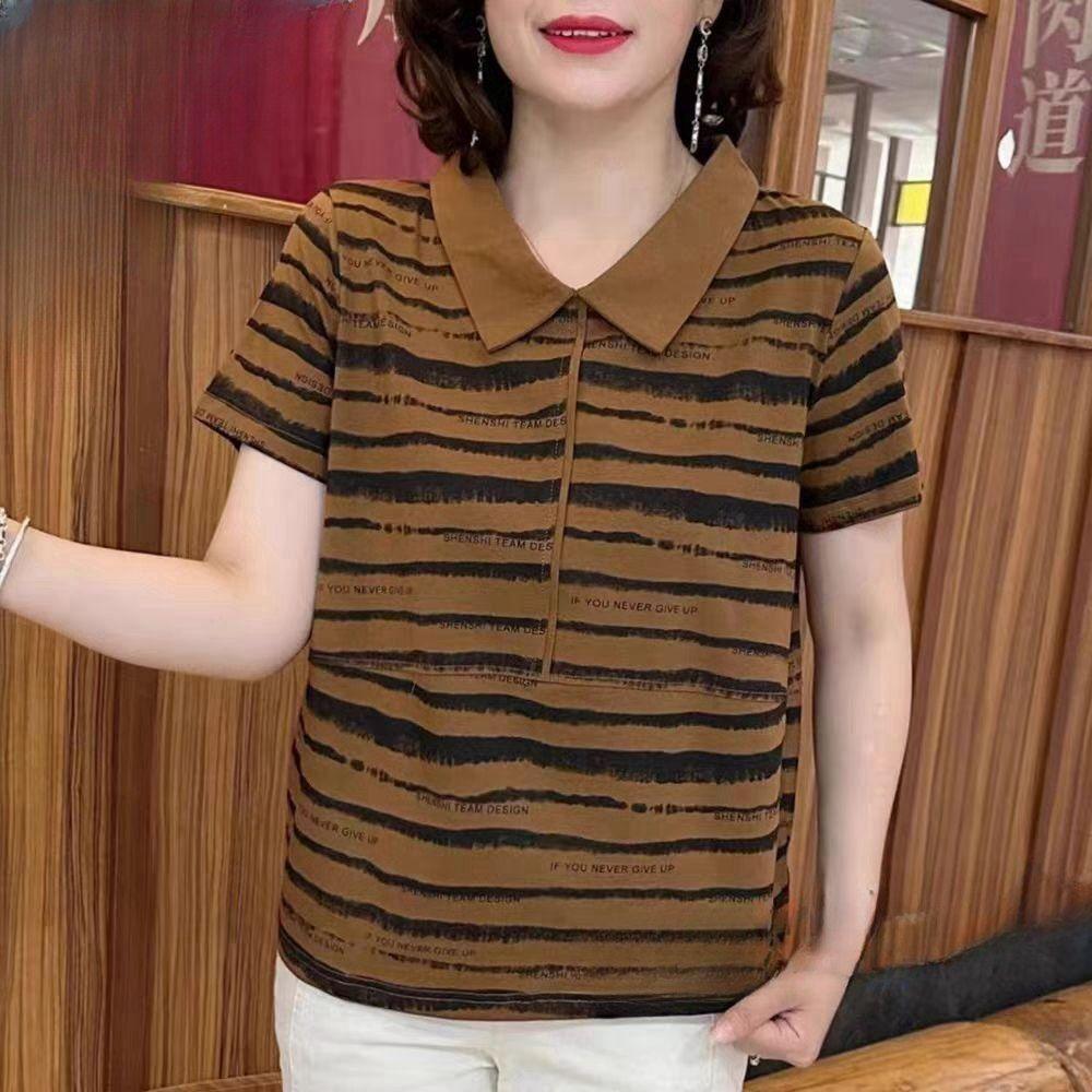

Летняя новая модная полосатая футболка с коротким рукавом, омолаживающий воротник поло, свободный повседневный топ для женщин M жёлтый