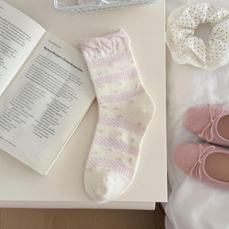 Pink Floral-patterned Socks - Spring and Summer Pile Socks, Simple Lace-edged Bow Tie Ankle-length Socks