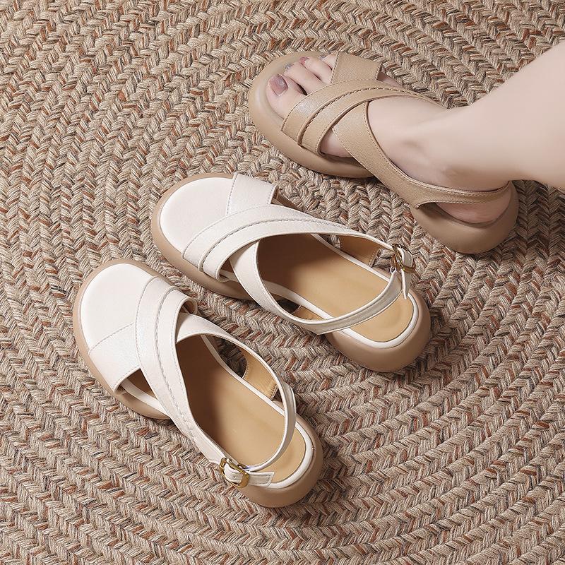 2025 Summer New Cross-strap Platform Sandals Retro with Skirt One-word Buckle Outside Wearing Roman Sandals