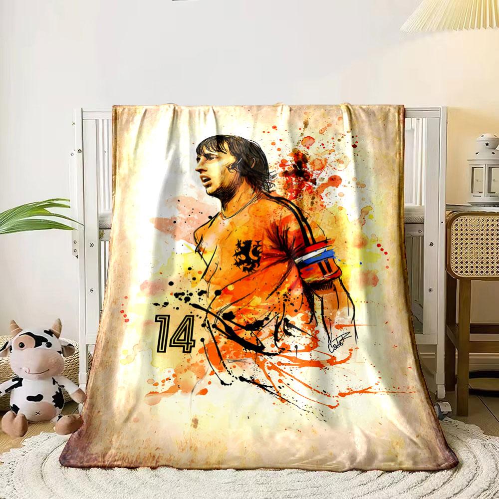 

Abstract orange splatter art of a soccer player with number 14. for all seasons blanket lunch break throw gift 80cm x 120cm