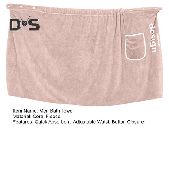 Men Bath Towel with Pocket Coral Fleece Quick Absorbent Adjustable Waist Button Closure Towel Wrap Skirt Sauna Towels Men Wrap Robe for Gym Spa Beach