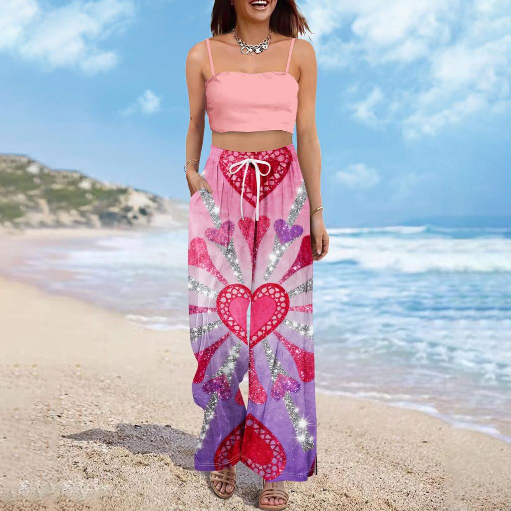 Pantaloni largi cu talie înaltă pentru femei, stil boho de vară, stil palazzo, cu imprimeu, casual, cu buzunare