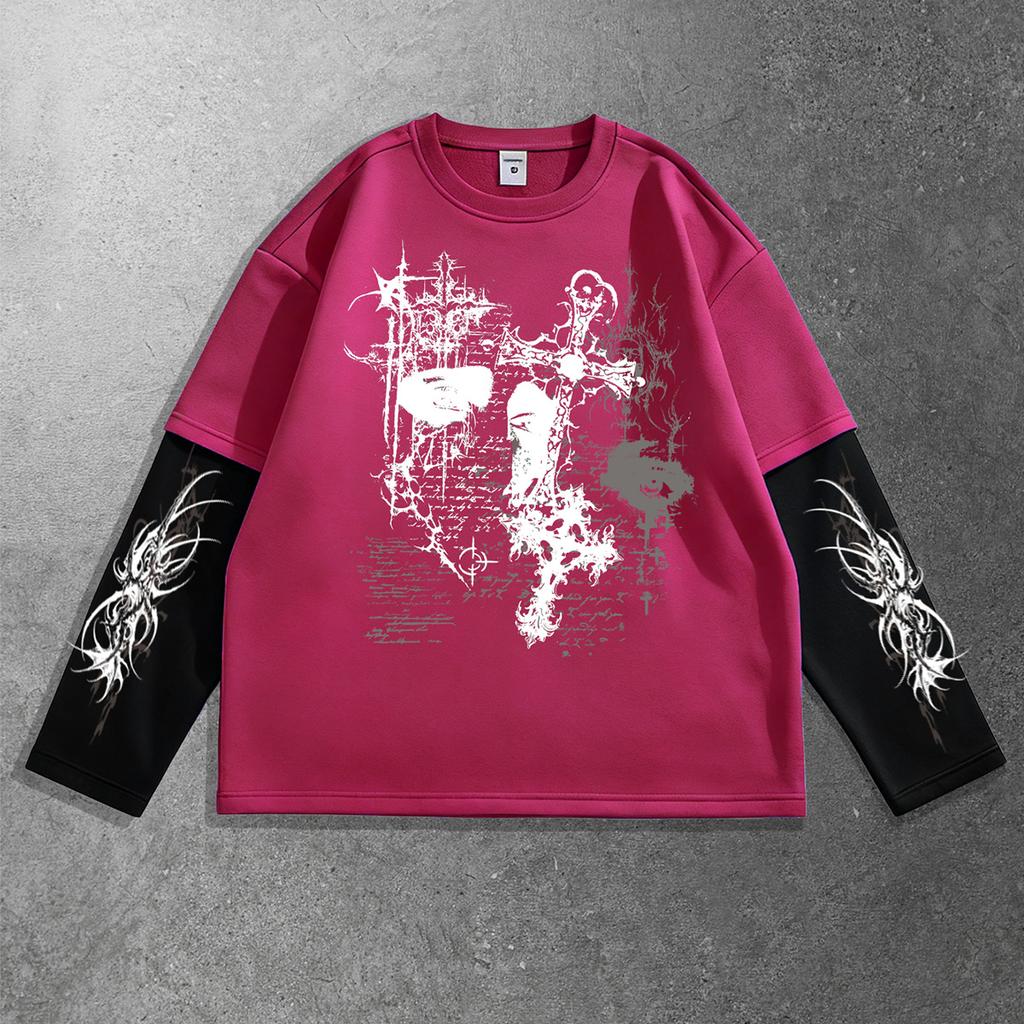 Thorns Cross Dark Fashion Style Men's Oversized Color-Blocked Long-Sleeve Top, Trendy Fashion Item