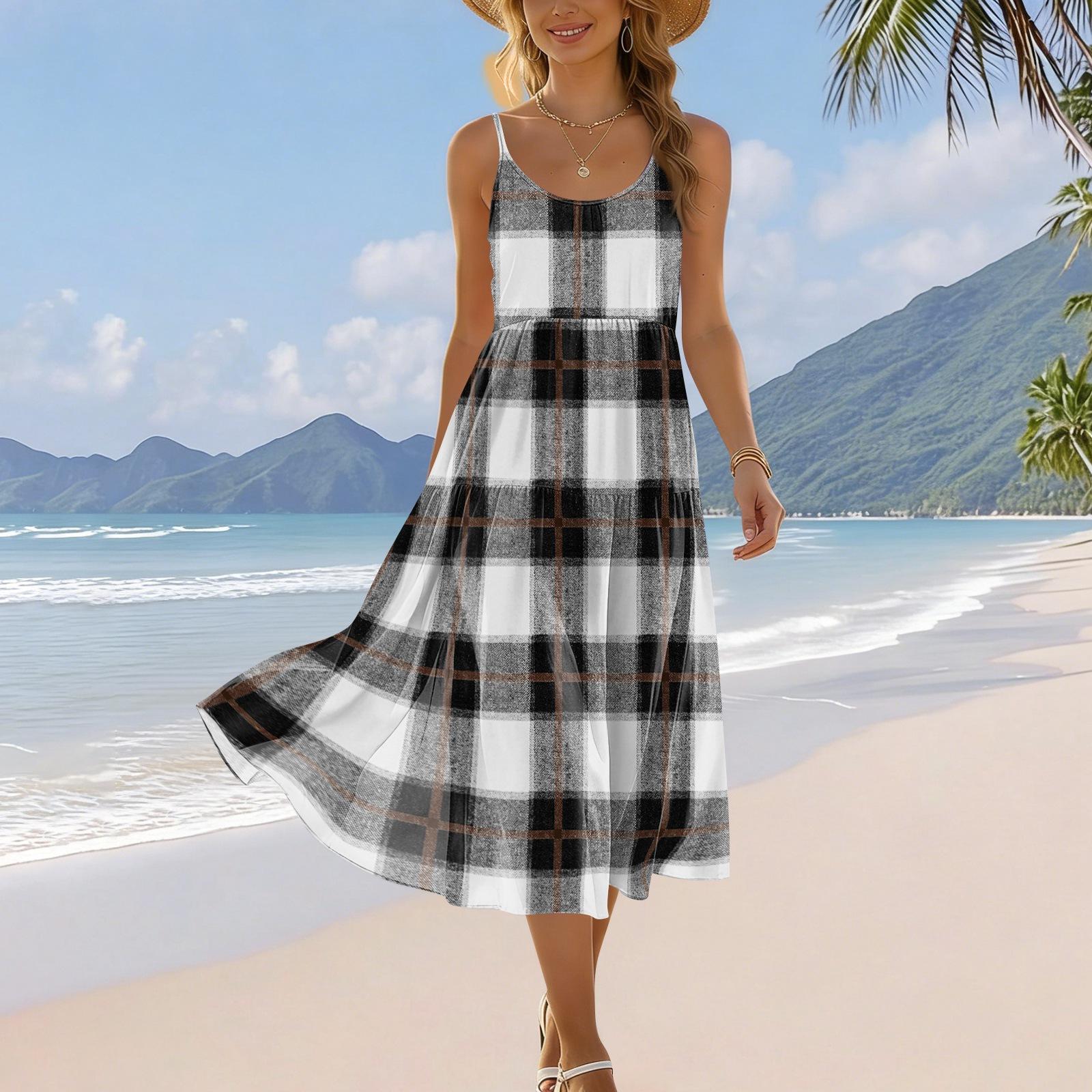 

Women s Summer Fashion Printed Pocket Adjustable Shoulder Strap Bohemian Leisure Beach Resort Strap Dress XL білий