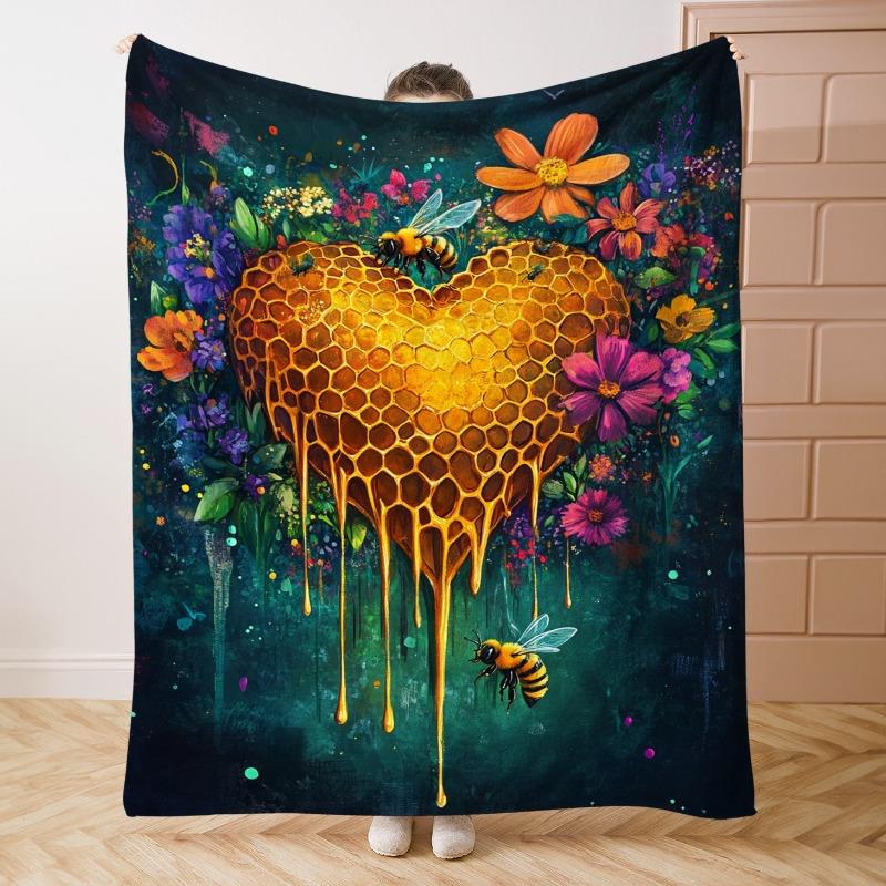 Bee and flower heart-shaped design Flannel printed blanket suitable for all seasons suitable for living room office sofa travel 75x90cm