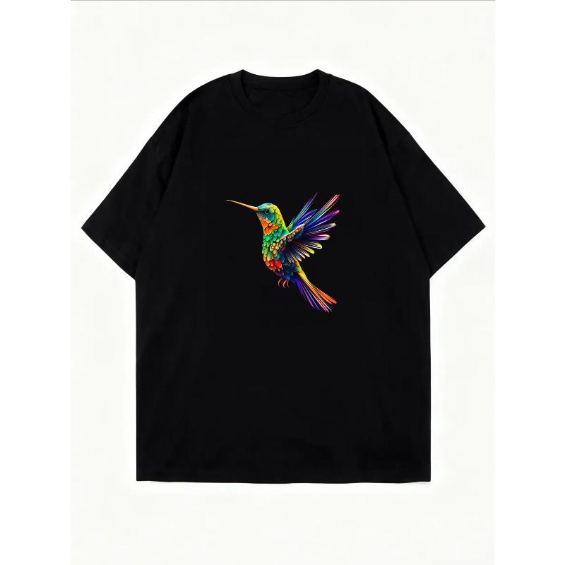 White T-Shirt With Colorful Hummingbird Print For Casual Wear