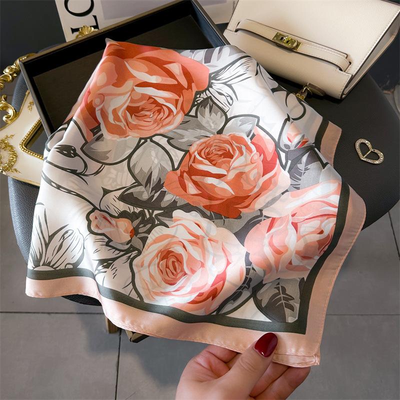 

Шарф на шею с принтом роз весна/лето, декоративная накидка для женщин, дышащий, 70*70 см, искусственный шелк, квадратный шарф розовый