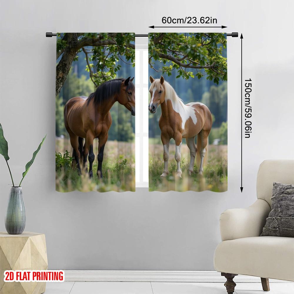 Set Of 2 Flat Printing Curtains Two Horses Versatile Polyester Without Electricity Family Party Decoration Various Room Curtain
