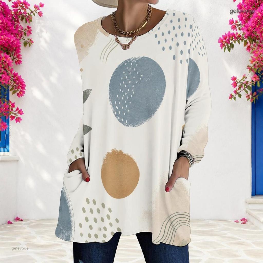 Women Plus Size Round Neck Long Sleeve Blue White Tie Dye Printed Loose Longline T Shirt With Pockets
