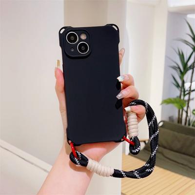 Silicone 4-Corner Shockproof Soft Phone Case for IPhone 16 15 Plus 14 13 12 11 Pro Max XS X XR Wrist Strap Protective Cover