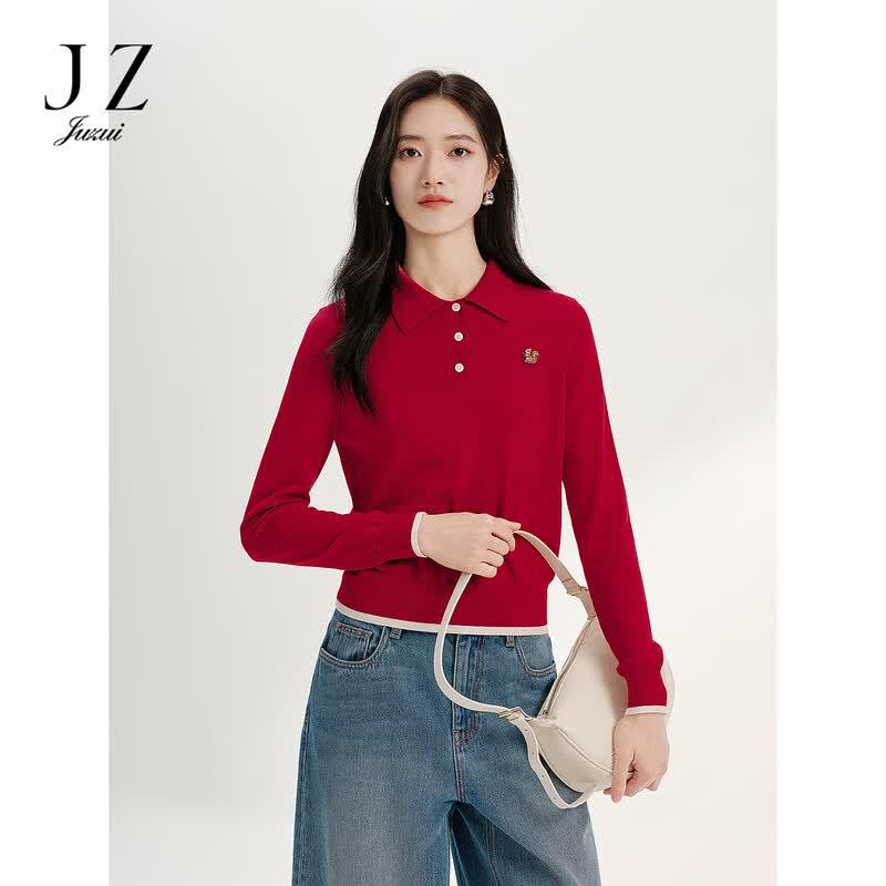 JUZUI Women s Elegant Polo Collar Lamb Wool Knit Sweater 2XL