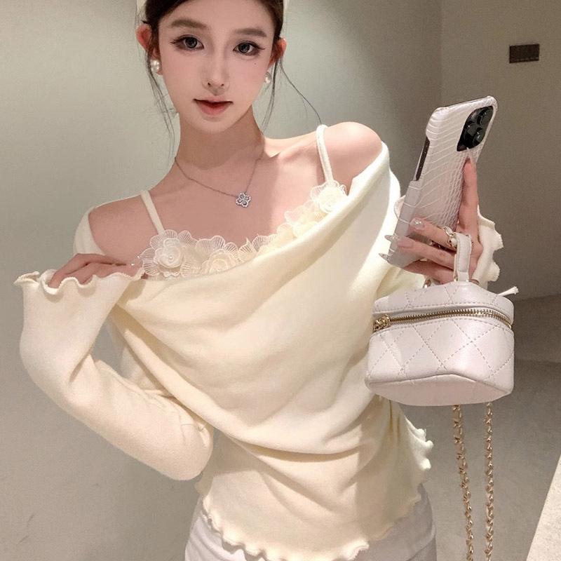 2025 Women's Patchwork Cowl Neck Off-Shoulder Long Sleeve T-Shirt with 3D Floral Design