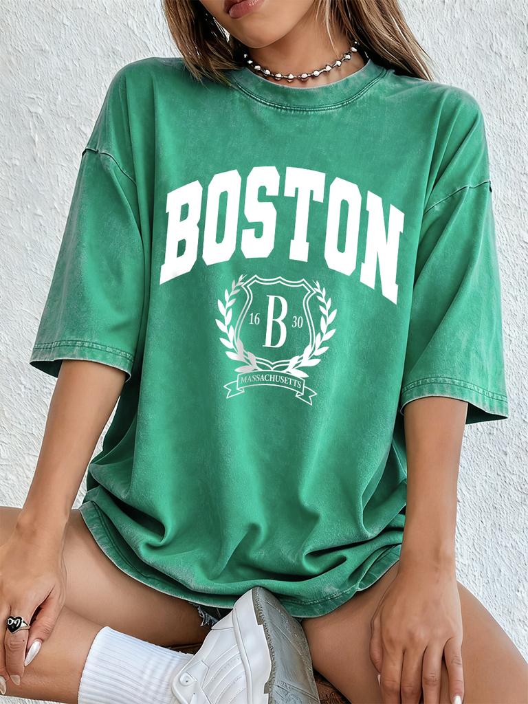 Boston Persönlichkeitsaufdruck Gewaschene T-Shirts Damen Baumwolle Oversize T-Shirt Lässig Weiche Kurzarm-Tops Sommer O-Ausschnitt Kleidung