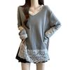 Plus Size V-Neck Velvet Lace Patchwork Long Sleeve Top for Women - Autumn/Winter 2025 Fashion